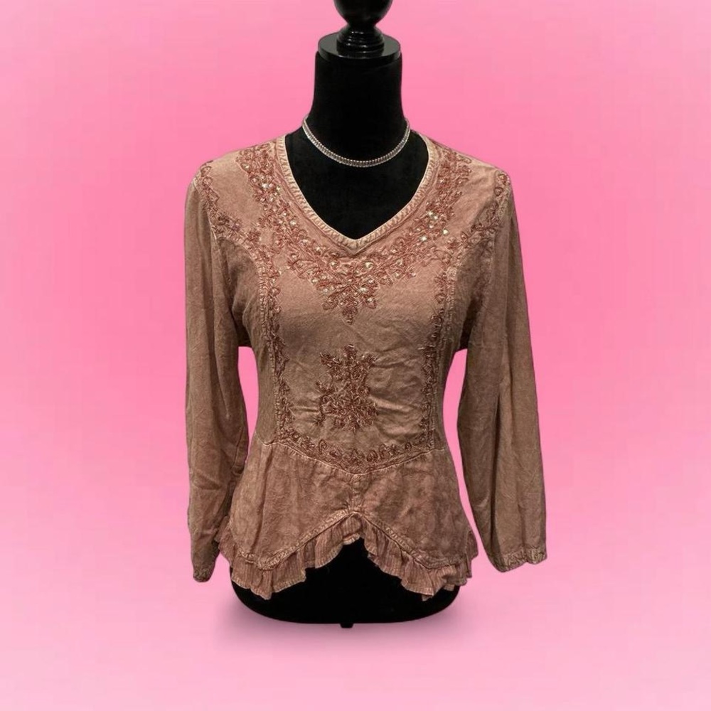 🤎Braja Sequins Embroidered V-Neck Blouse Back Waist Tie